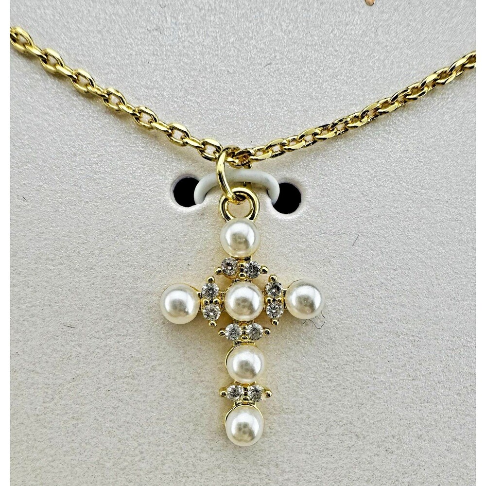 14K Gold Dipped Pearl CZ Cross  NWT Necklace Christian Faith Can Move Mountains